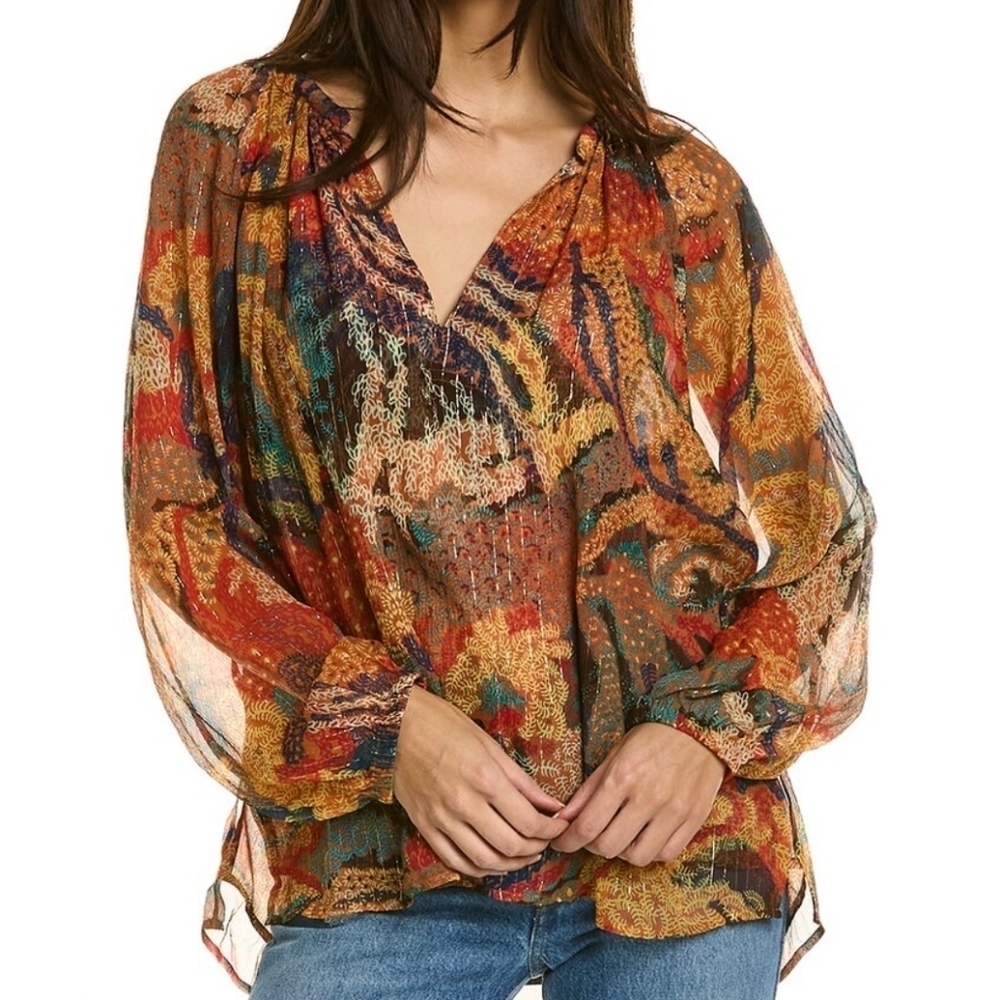 ALC Boho Silk Dana Split-Neck Metallic Printed Oversized Peasant Top Size 0